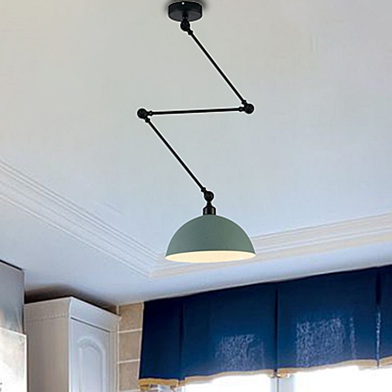 Domed Kitchen Pendant Lamp Industrial Style Metal 1 Light Green/Yellow Suspension Lamp with Extendable Arm