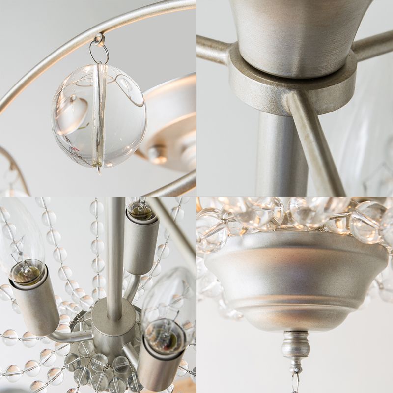 Silver 3 Lights Hanging Light Fixture Traditional Crystal Strand Dome Chandelier Light