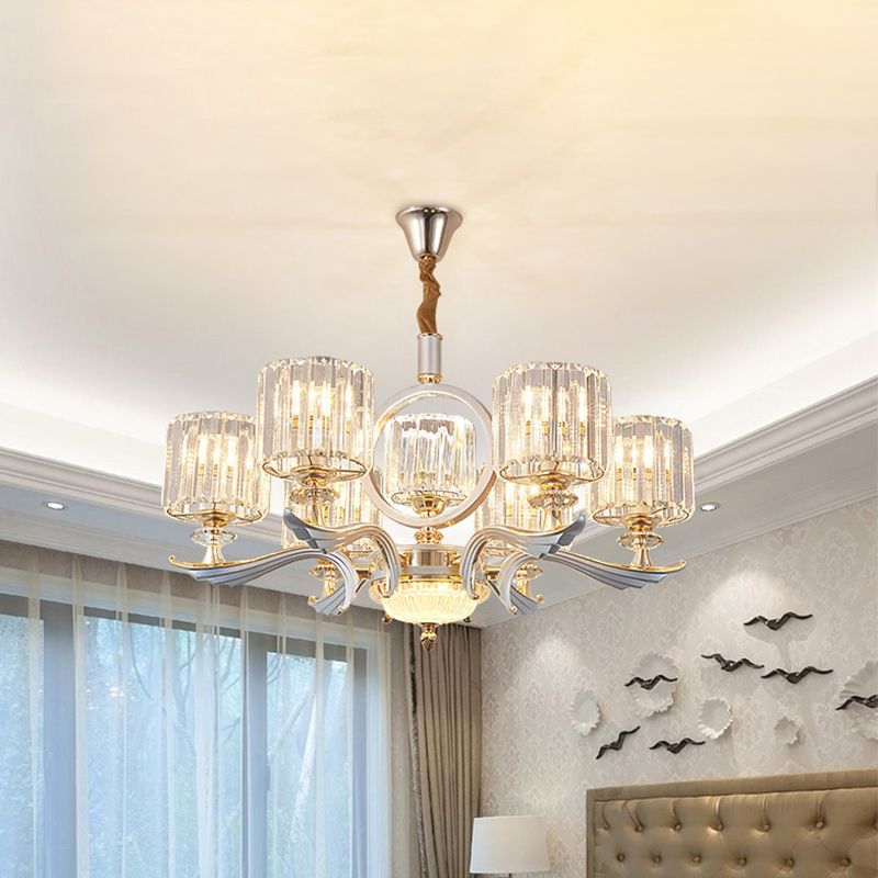 Crystal Block Cylinder Suspension Light Contemporary 6/8-Head Dining Room Chandelier in Silver