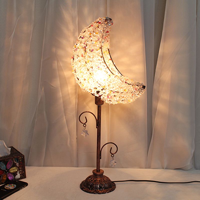 Lampada da comodino per camera da letto a forma di luna Lampada da comodino in metallo bohémien con 1 lampadina bianca/gialla