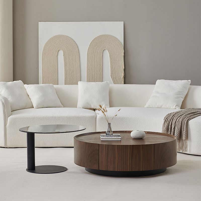 Round Wood Cocktail Table Set with 2 Drawers Modern Walnut Coffee Table