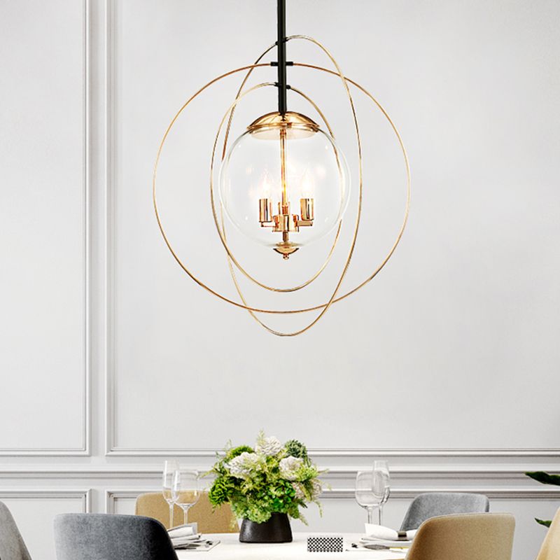 Globe Clear Glass Chandelier Lighting Traditional 3 Light Dining Room Pendant Lighting in White with Ring Design