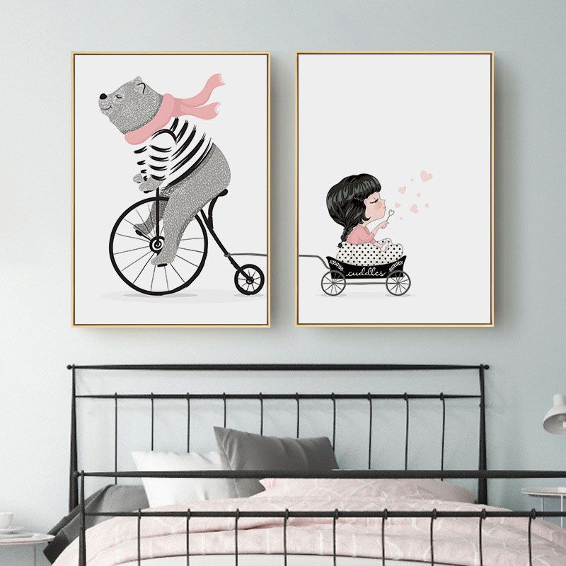 White Bear and Girl Canvas Art Decorative Cartoon for Playroom Painting, Multiple Sizes