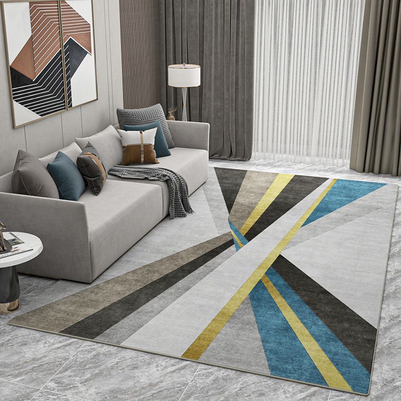 Grey Living Room Area Rug Geometric Print Polyester Area Carpet Non-Slip Backing Rug for Home Decor