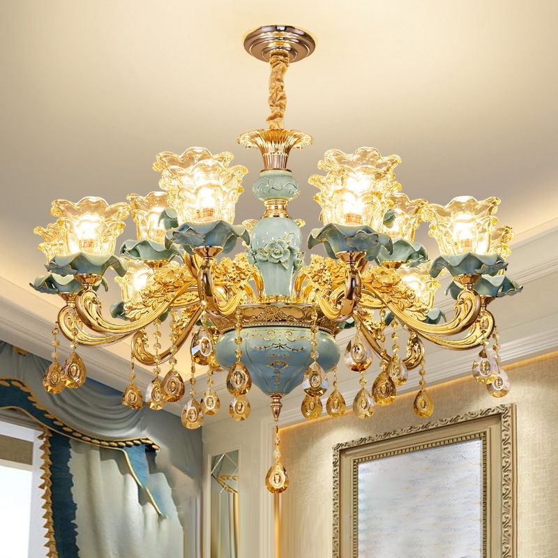 Handblown Glass Blue Chandelier Light Ruffle Flower Retro Pendant Light with Crystal Draping