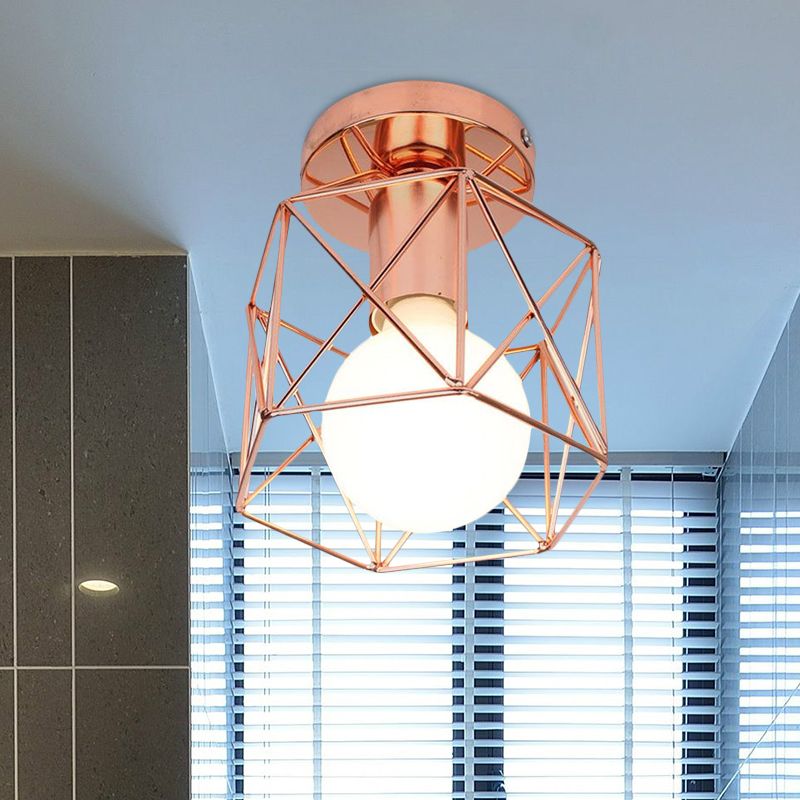 1-flammige Deckenleuchte mit geometrischem Käfigschirm aus Eisen, halbbündige Schlafzimmerleuchte im Loft-Stil in Kupfer