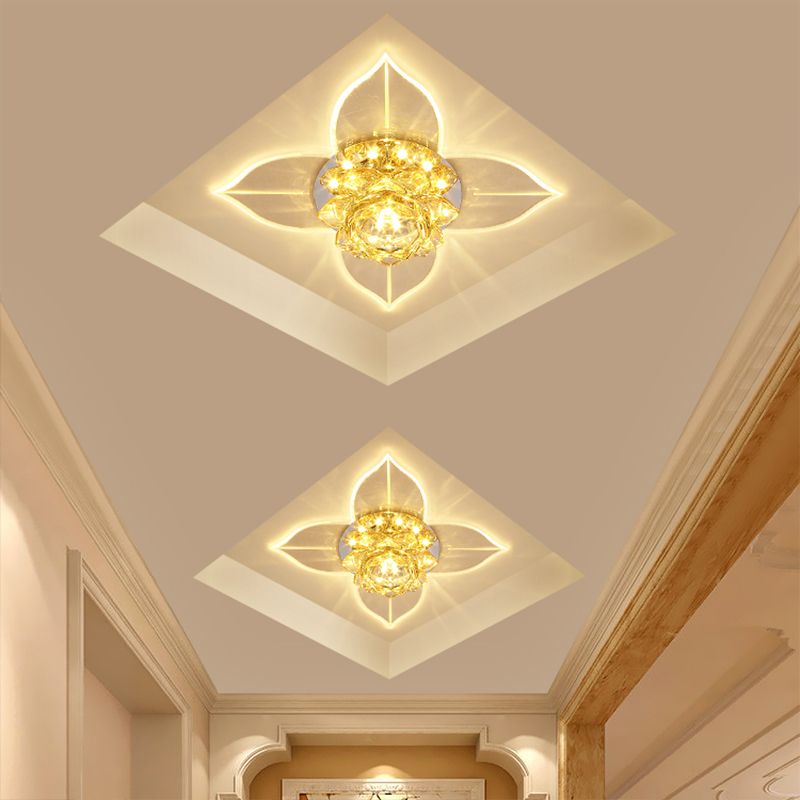 Clear Crystal Flower Flush Mount Light Minimal LED Close to Ceiling Lamp for Porch