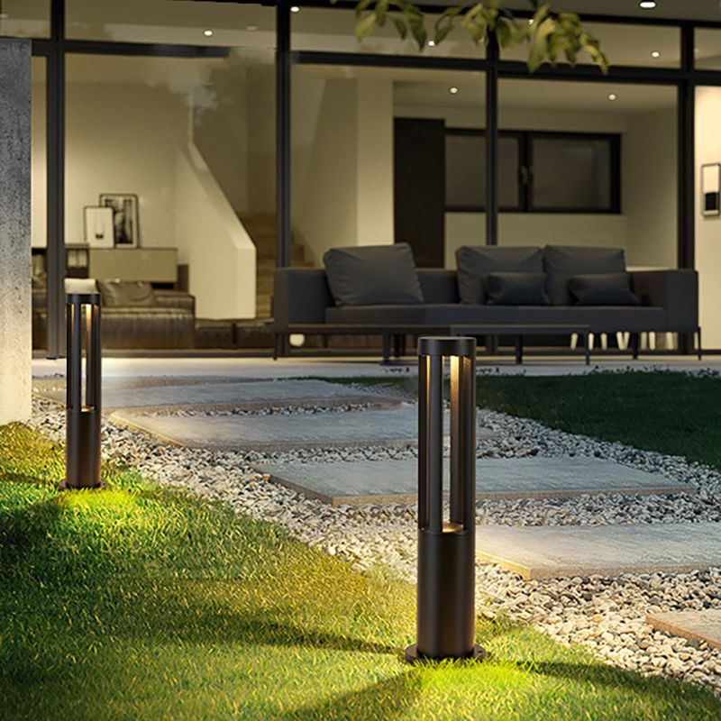 Contemporary Metal Pillar Lamp Geometric Shape Outdoor Waterproof Light in Black Finish