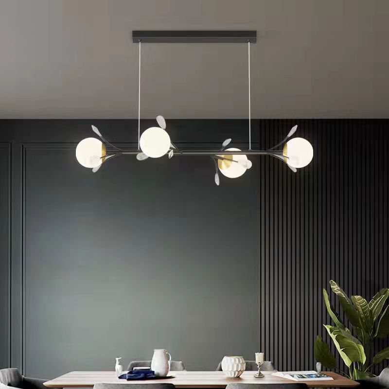 Modern Spherical Island Light Fixture White Glass 4 Heads Dining Room Pendant Light