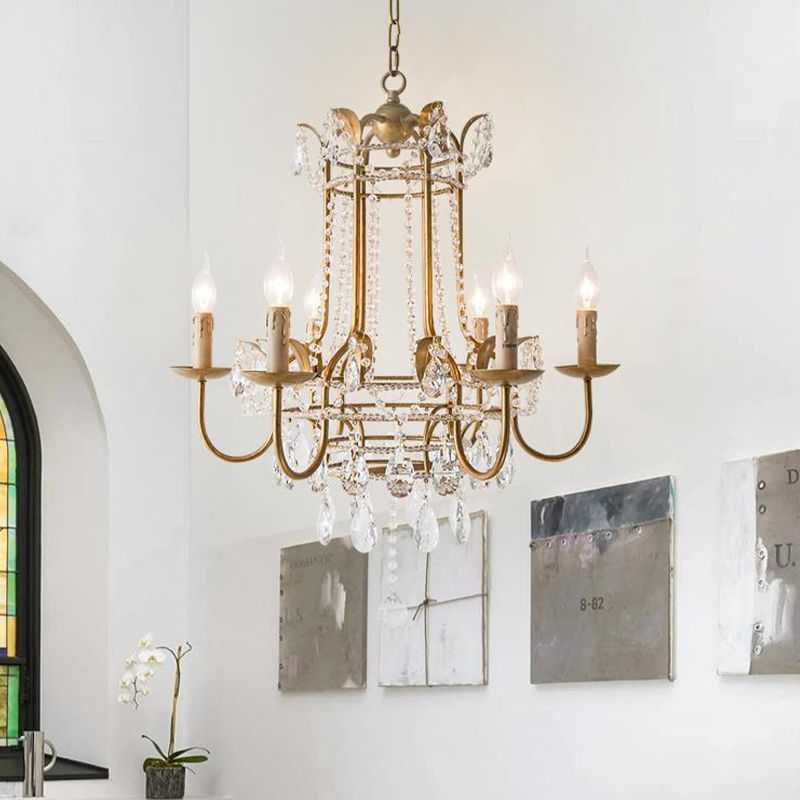Curved Arm Metal Chandelier Lamp Traditionary 6 Heads Brass Hanging Pendant Light with Clear Crystal Drop
