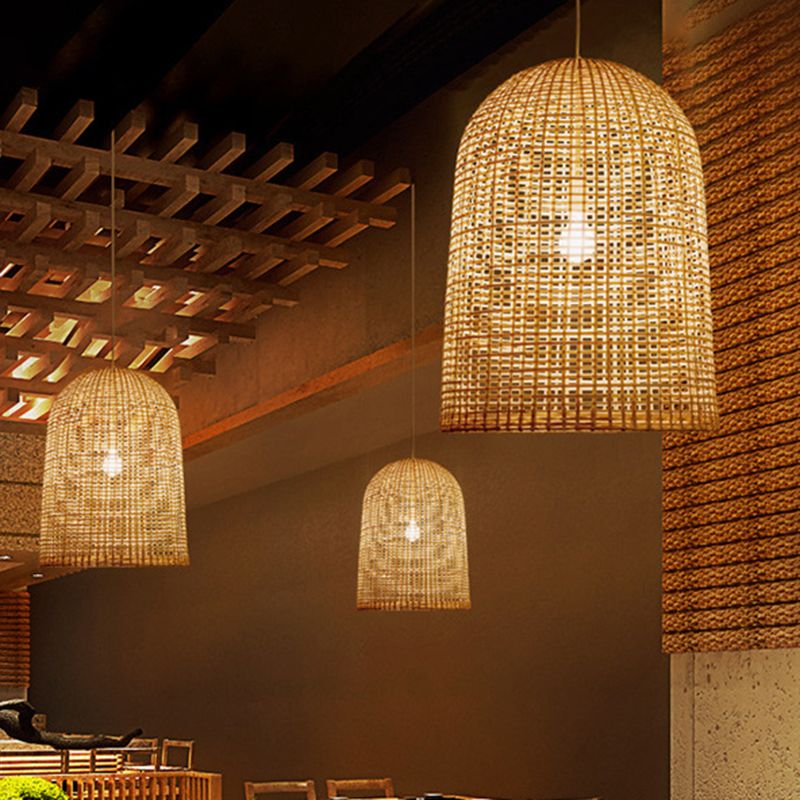 Contemporary Basket Suspension Pendant Light Bamboo 1 Light Dining Room Hanging Lamp in Beige