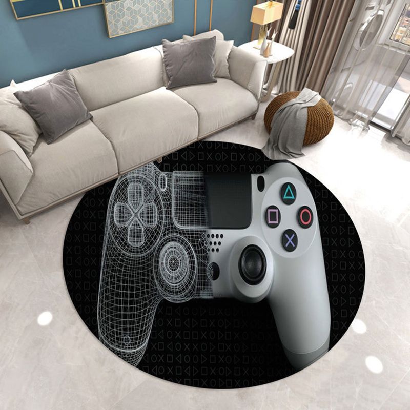 Round Game Controller Print Rug Polyester Casual Carpet Non-Slip Backing Area Rug for Living Room