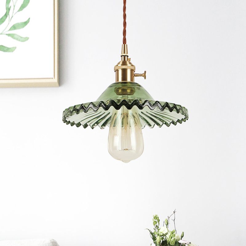 Scalloped Glass Shade Hanging Ceiling Light  Vintage Industrial 1-Light  Living Room Drop Pendant