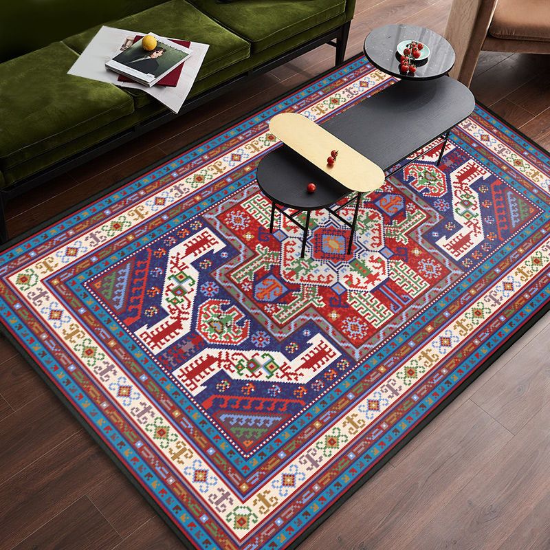Persian Tribal Patterned Rug Multi-Color Polyester Carpet Stain Resistant Pet Friendly Anti-Slip Backing Rug for Bedroom