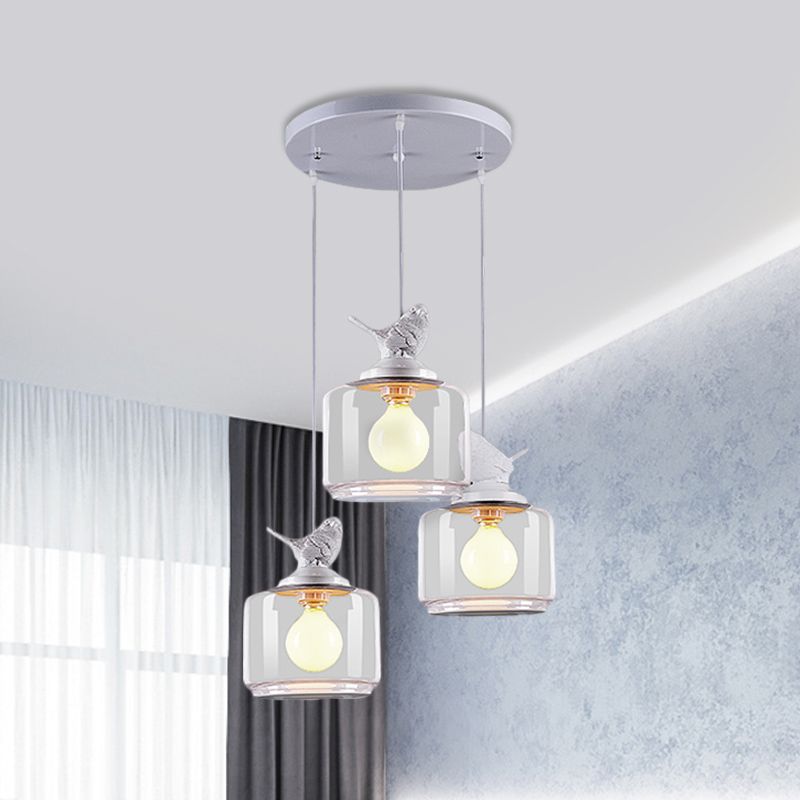 Drum Clear Glass Pendant Lighting Nordic 3 Bulbs White Multi Light Ceiling Light with Resin Bird Top