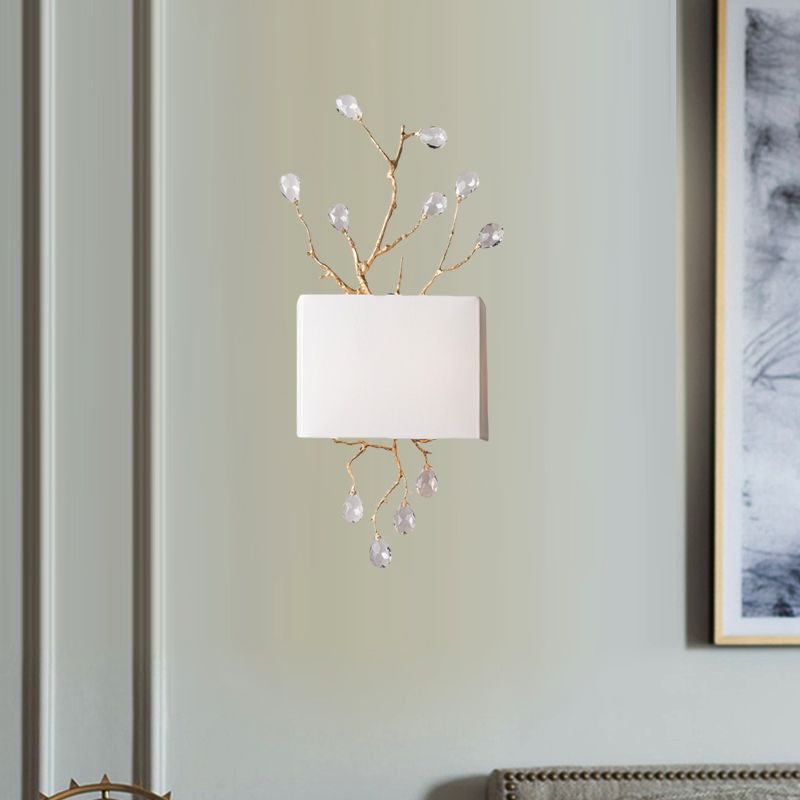 Rectangle Bedroom Wall Mounted Lamp Classic Fabric 2 Lights Brass Sconce with Pink/Clear Crystal Accent