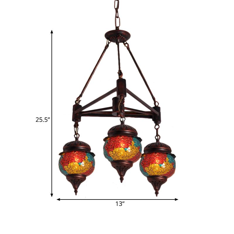 3 Bulbs Ball Chandelier Pendant Lighting Traditional Red-Yellow-Blue Glass Hanging Lamp Kit for Living Room