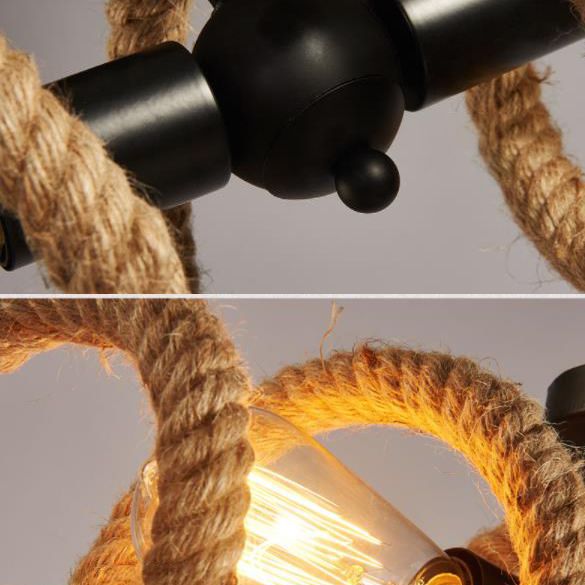 Vintage Hemp Rope Chandelier Indsutrial Retro 2 Light Linear Island Lamp for Restaurant