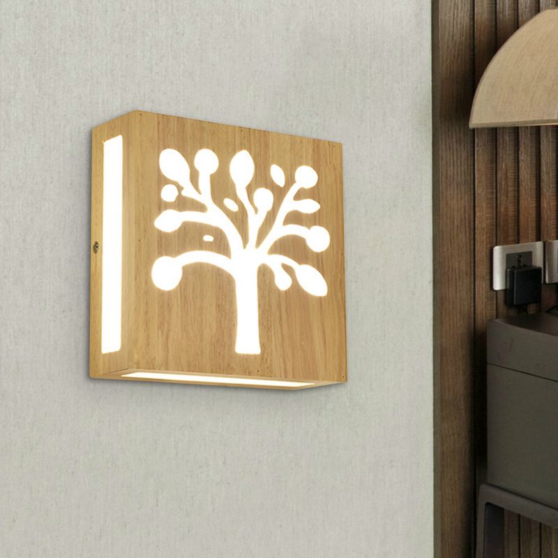 Wood Square Wall Light with Cute Pattern Modern LED Wall Sconce in Beige for Bedside