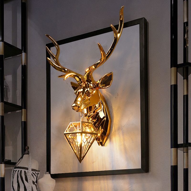 1 Light Resin Wall Lamp Fixture Rustic Silver/Gold Diamond Indoor Sconce Light with Deer Backplate, 14.5"/19.5" W