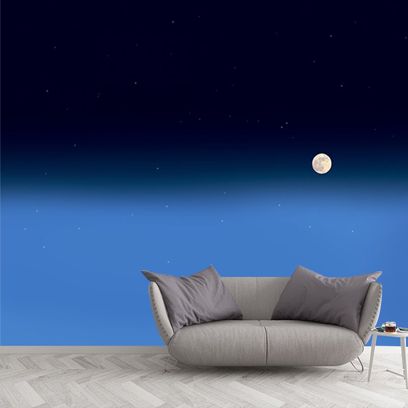 Large Distant Moon Mural Wallpaper Blue Non-Woven Wall Art, Washable, Custom Made