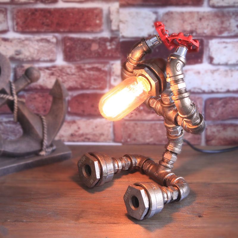 Table de robot en fer forgé légère avec vanne à eau Steampunk 1 lampe de table de café en bulbe en argent