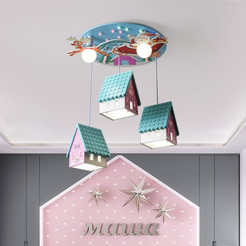 Blaues Fliesendach Haus Cluster Anhänger Cartoon 5 Lichter Holzhängeleuchte für Kinder Schlafzimmer