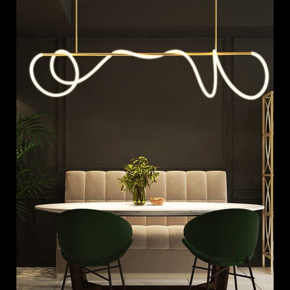 Modern Minimalism Gold Linear Island Pendant Lighting LED Metal Island Ceiling Light for Dining Table