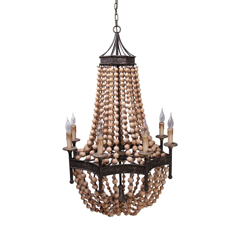 8 Heads Candle Ceiling Chandelier Traditional Wood Suspended Lighting Fixture in Beige