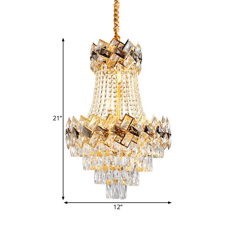 Layered Hanging Pendant Light Contemporary Rectangle-Cut Crystal 3/5-Bulb 12"/16" Wide Gold Chandelier