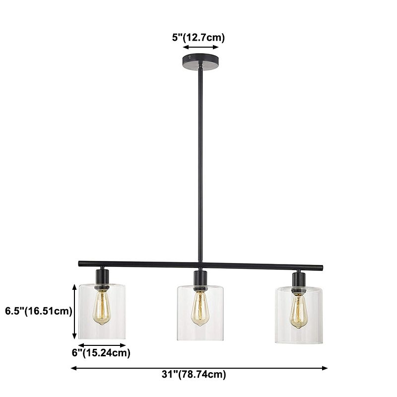 Cylindrical Glass Island Lamp Industrial 3 Lights Dining Room Hanging Lamp in Black