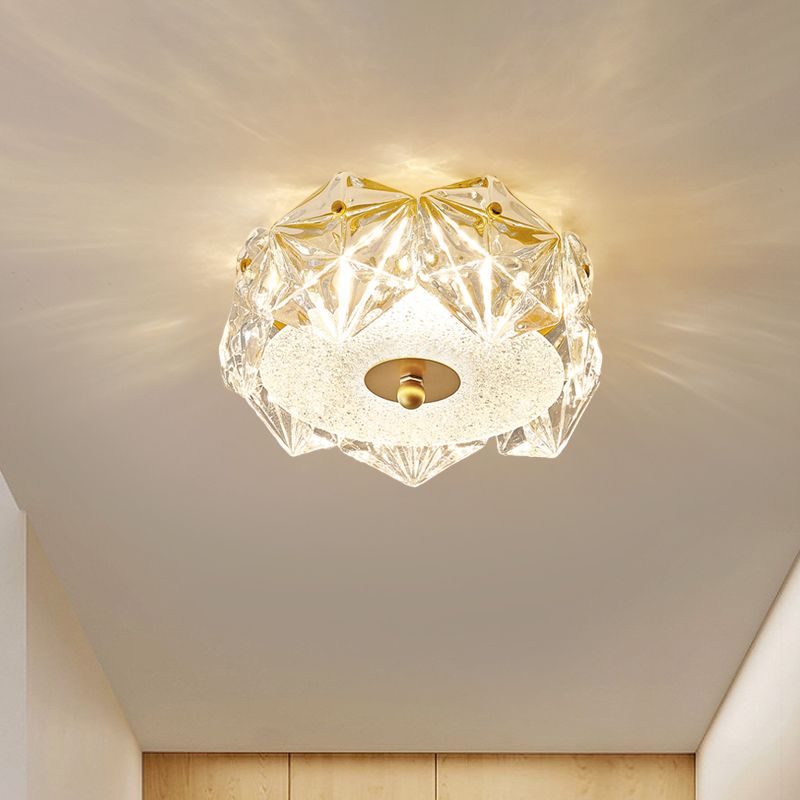 LED Doorway Ceiling Light Fixture Modern Gold Flush Mount Lamp with Hexagon Clear Crystal Shade