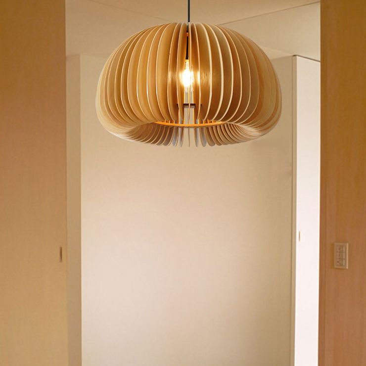 Beige Wood Slatted Hanging Light Chinese Style 1 Light  Restaurant Ceiling Pendant Lamp