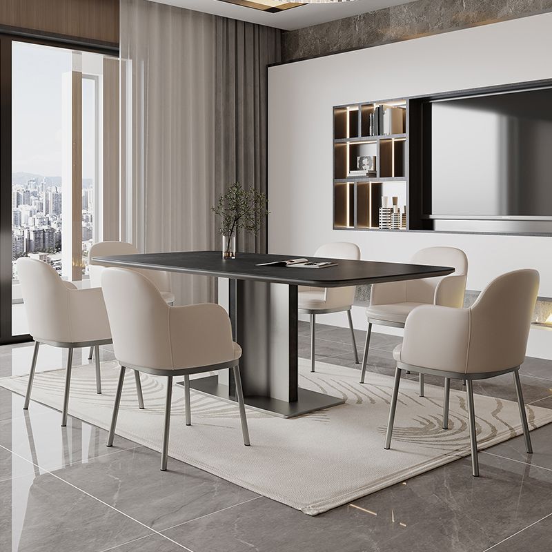 Black Stone Dining Table Set 1/4/5/7 Pcs Indoor Dinette Set with Leather Chairs