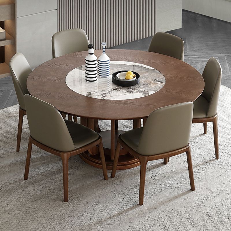 Walnut Color Solid Wood Round Dining Table Round Turntable Furniture with Pedestal Base