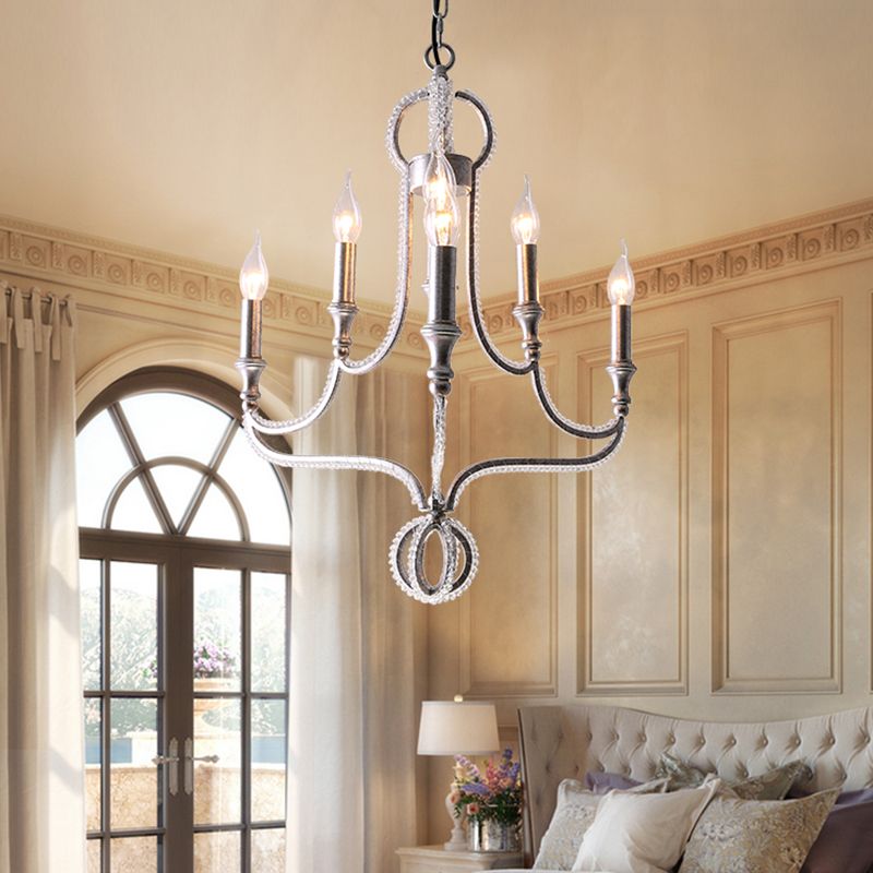 Candle Metal Chandelier Light Fixture Traditional Light 5 Lights Living Room Ceiling Light in Rust with Crystal Accent