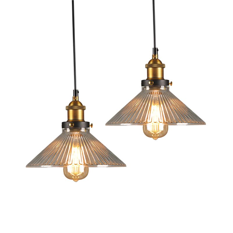 Conical Cafe Pendant Light Industrial Clear Glass 1-Bulb Brass Hanging Ceiling Light
