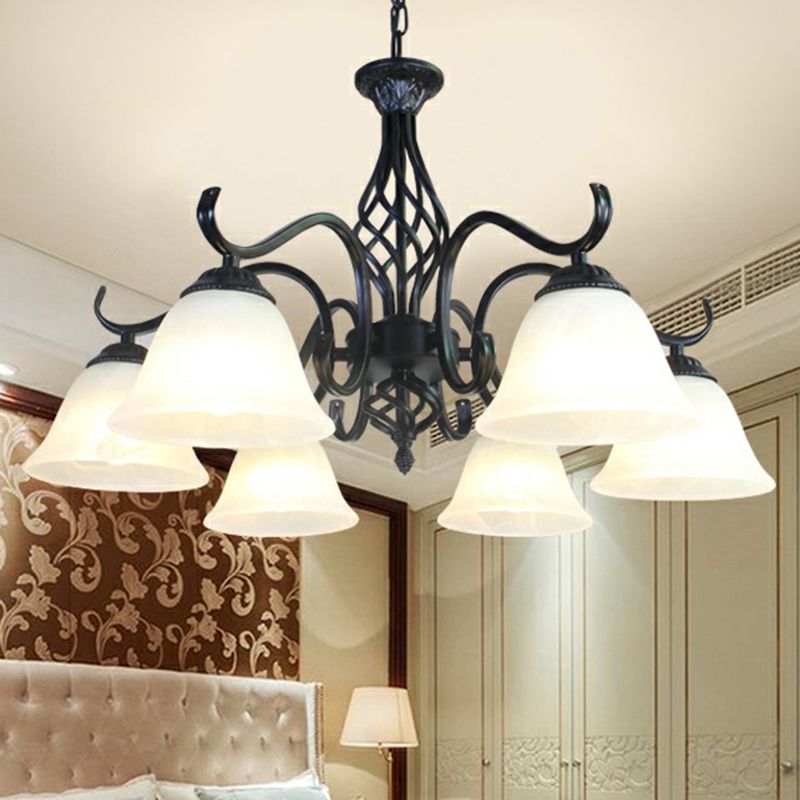 Rustic Bell Shade Ceiling Lighting Cream Glass Chandelier Light Fixture in Black for Bedroom