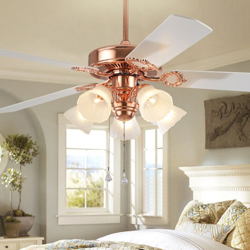 52" Wide Gold 5 Lights Hanging Fan Light Countryside Frosted Glass Bell Shade Semi-Flush Mount, 5 Blades