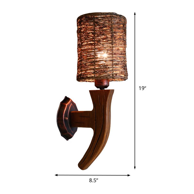 Armed Wood Wall Lamp Chinese 1 Bulb Brown Sconce Light Fixture with Cylinder Rattan Shade
