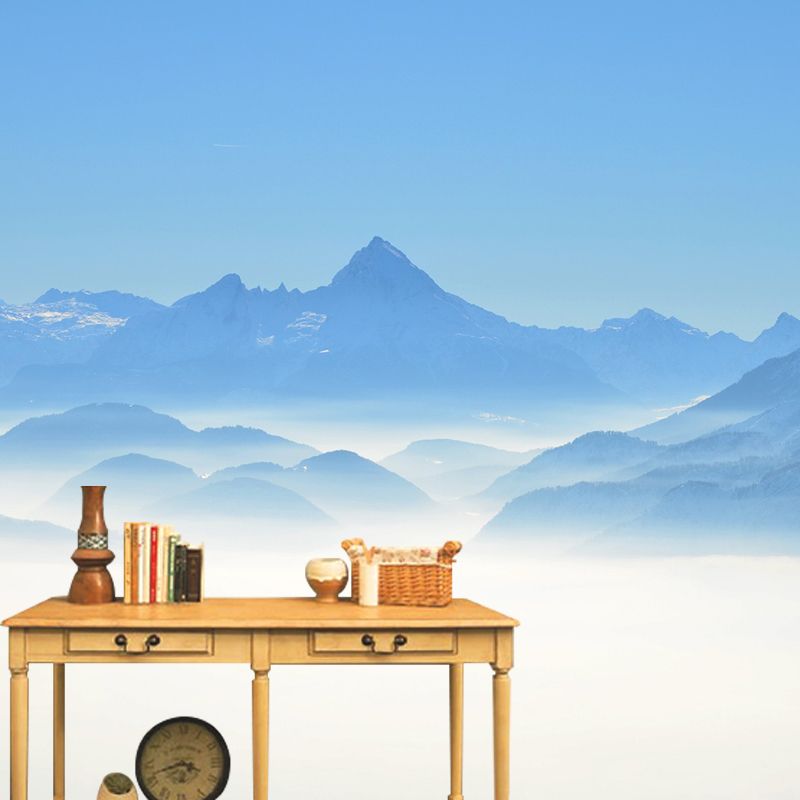 Large Hazy Mountains Mural Wallpaper Blue Non-Woven Cloth Wall Decor, Stain-Proof, Custom Print