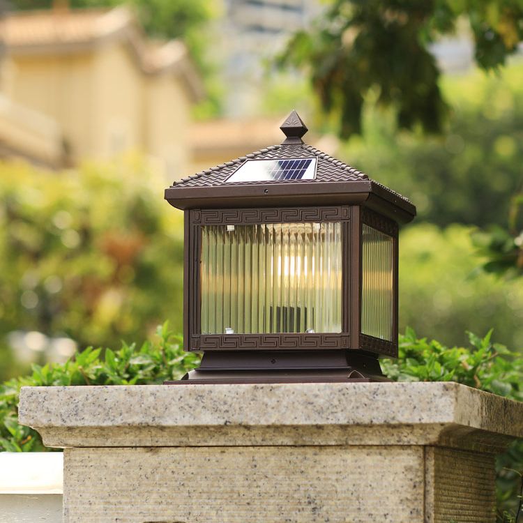 Rectangular Shape Metal Solar Pillar Lamp Modern Style 1 Light Outdoor Lights in Brown