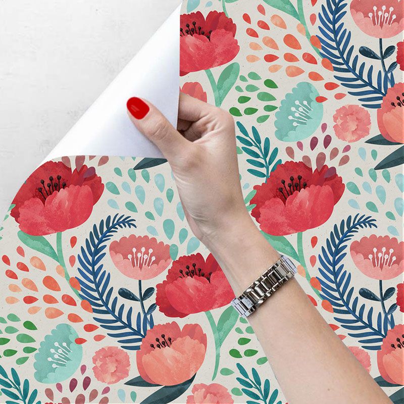 Watercolors of Flower Wallpaper Roll for Accent Wall in Green and Red, Easy to Remove, 29.1 sq ft.