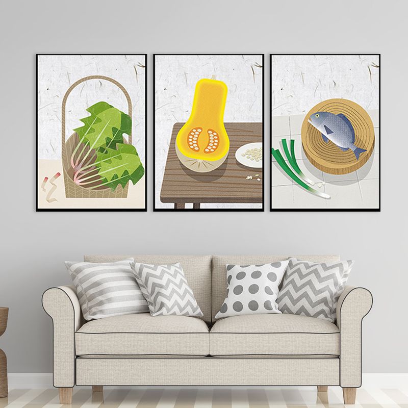 Toile imprimée d'art alimentaire illustré nordique, décoration murale texturée de couleur douce pour salle à manger