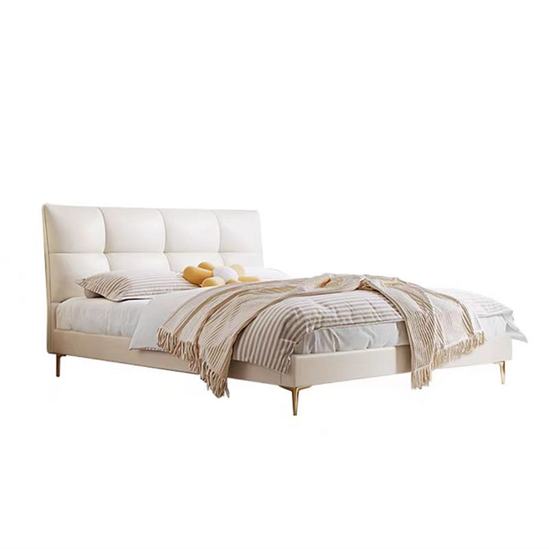 Glam White Upholstered Tufted Bed Frame Genuine Leather Panel Bed