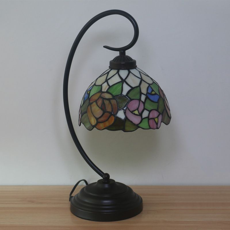 Bronze Curvy Night Light Baroque 1 Head Metal Red/Pink Rose/Tulip Patterned Desk Lighting with Bowl Cut Glass Shade