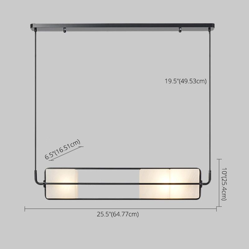 Frosted White Glass Box Pendant Lamp Modern 2-Light Black Island Lighting with Cage