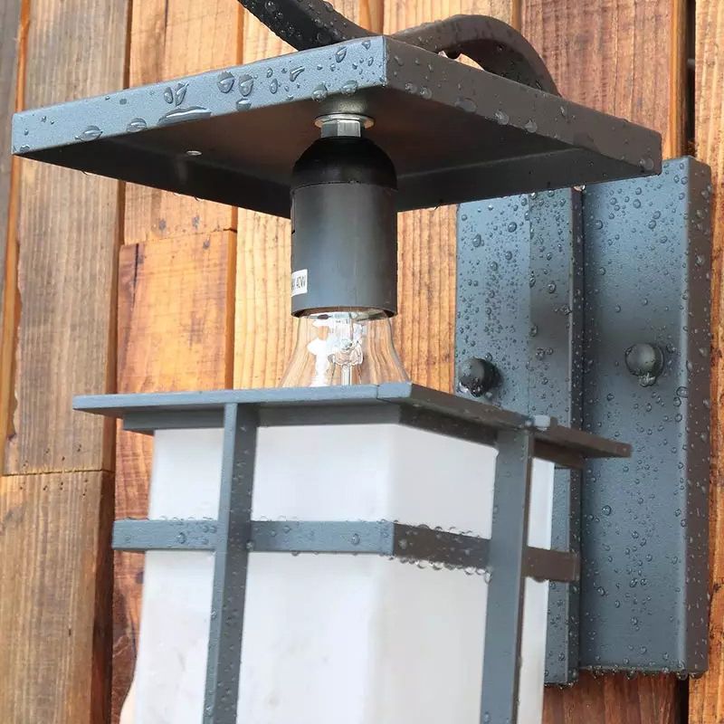 Black Retro Metallic Wall Sconce with Gooseneck Arm Rectangle Milk White Shade Waterproof Wall Lamp