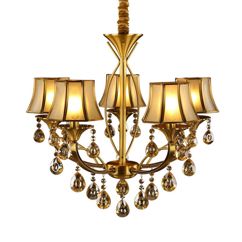Brass 5 Lights Hanging Pendant Light European Crystal Orbs Empire Shade Ceiling Chandelier