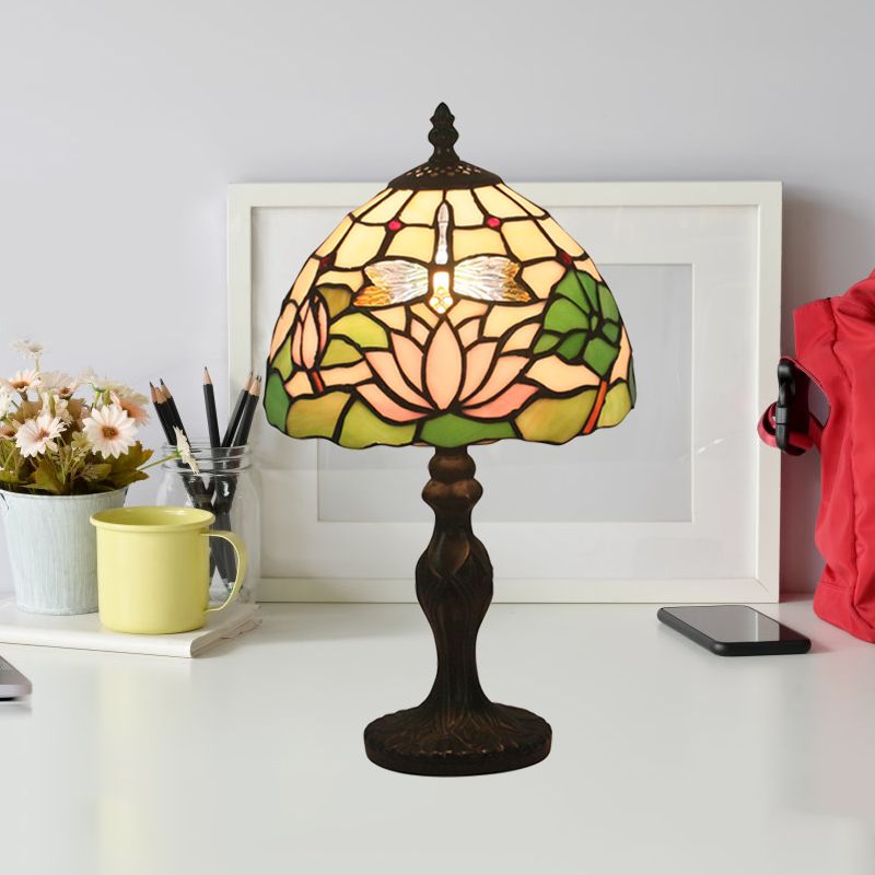 Cut Glass Rose/Lotus Night Table Lamp Baroque 1 Light Red/Pink Nightstand Lighting with Baluster for Bedroom